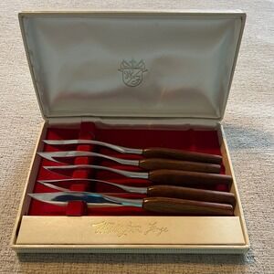 Vintage Washington Forge Steak Knife Set 5 Piece Wood Handle Mid Century MCM Box